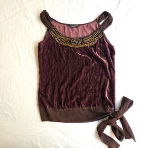BCBGMaxAzria Velvet Brown Purple Y2K Beaded Tank Top Side Tie Hem
